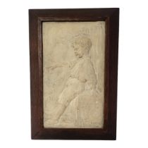 ROWLEYS GALLERY, AN EARLY 20TH CENTURY PLASTER FIGURAL PLAQUE A seated young boy,signed Emrod 1904,