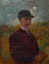 A 20TH CENTURY OIL ON CANVAS PORTRAIT, JOCKEY IN RED JACKET WITH RIDING CAP Gilt framed, bearing