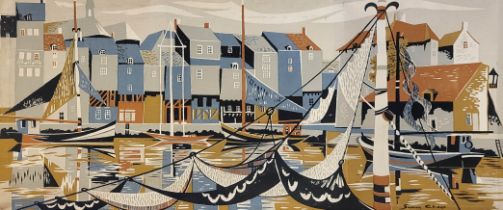 SIMON CHAYE, FRENCH, B. 1930, COLOURED LITHOGRAPH ON A WOVEN CANVAS Boats in a French Harbour. 167cm