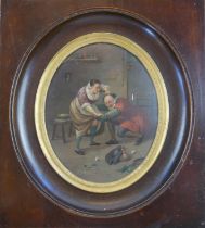 AN 18TH CENTURY CONTINENTAL OVAL OIL ON COPPER, AN AMOROUS GENTLEMAN WITH A MAID And beer dragon