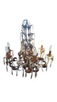 A LATE 19TH/EARLY 20TH CENTURY FRENCH GILT METAL AND CRYSTAL HUNG SIX BRANCH CHANDELIER. (w 64cm x d