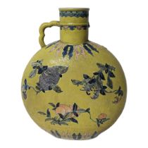 A 19TH CENTURY CHINESE FAMILLE ROSE YELLOW POMEGRANATE AND PEACH MOON FLASK PILGRIM VASE Earthenware