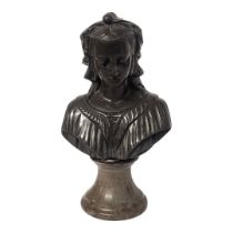 A CARVED STONE FEMALE DESK BUST On marble plinth. (h 26cm) Condition: some light marks