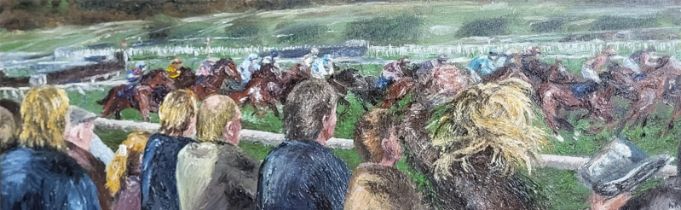 NICK PIKE, OIL ON CANVAS Cheltenham Races, monogrammed lower right. (31cm x 99cm) **ARR May Apply**