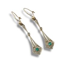 A PAIR OF EARLY 20TH CENTURY 18CT GOLD, DIAMOND AND EMERALD DROP EARRINGS The square cut emerald set