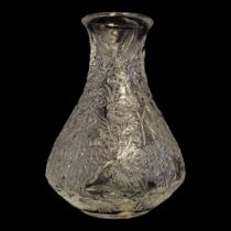 LALIQUE, A VINTAGE EMBOSSED GLASS BALUSTER VASE With floral decoration, etched mark to base. (approx