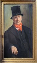 A 19TH CENTURY OIL ON CANVAS, PORTRAIT OF A DANDY WEARING A TOP HAT AND BLACK WAISTED COAT Unsigned,