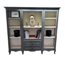 A 19TH CENTURY FRENCH OPEN BOOKCASE/SHELVES With two central drawers, in later grey and cream