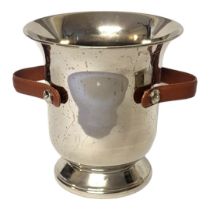 A VINTAGE SILVER PLATE AND LEATHER CHAMPAGNE BUCKET Twin brown leather handles and presentation