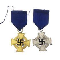 TWO WWII GERMAN NSDAP FAITHFUL SERVICE MEDALS Silver 25 years and gold 40 years with blue fabric