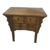 A CHINESE ELM MING INSPIRED SIDE TABLE/CABINET With fitted drawers and decorative mount, on square