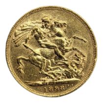 A VICTORIAN 22CT GOLD FULL SOVEREIGN COIN, DATED 1898 Having a veiled portrait bust and George and