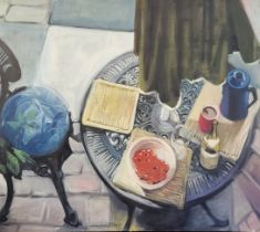 DAVID MERRILLS, R.C.A., OIL ON CANVAS Titled ‘Still Life, With Bowl of Cherries’. (130cm x 116cm)