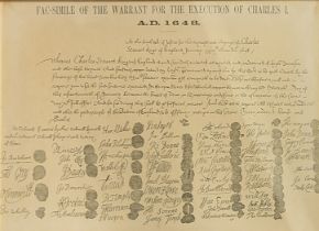 A 20TH CENTURY KING CHARLES I ROYAL COMMEMORATIVE PRINT Titled 'Fac-Simile of the warrant for the