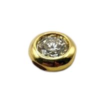 A YELLOW METAL AND DIAMOND SOLITAIRE PENDANT The single round cut diamond set in a collet mount. (