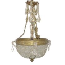A LATE 19TH CENTURY GILT BRONZE AND GLASS BASKET CHANDELIER Supported on three vine leaf chains