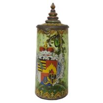 A LARGE LATE 19TH/EARLY 20TH CENTURY AUSTRIAN GREEN GLASS AND ENAMEL ARMORIAL TANKARD Having a