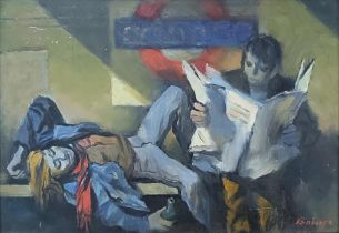 HARRY BAINES, BRITISH, 1910 - 1995, OIL ON BOARD Titled ‘Figures In The Underground Camden’, signed,