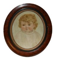 AN ENGLISH VICTORIAN SCHOOL OIL ON BOARD, PORTRAIT STUDY OF A BABY GIRL WITH CURLY BLONDE HAIR