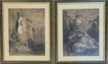 A PAIR OF 19TH CENTURY CONTINENTAL SEPIA WATERCOLOUR Landscapes, mountainous scenes, with goats,