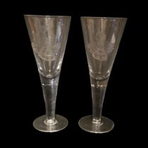 A LARGE PAIR OF LATE 19TH/EARLY 20TH CENTURY GERMAN PRESENTATION ETCHED GLASS GOBLETS Engraved