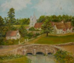CYRIL EAST, A MID 20TH CENTURY CENTURY OIL ON ARTIST BOARD Landscape, rural village with bridge