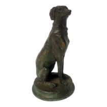 A LATE 19TH/EARLY 20TH CENTURY CAST BRONZE MODEL OF A GREYHOUND DOG Seated position, raised on a