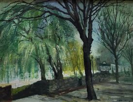 HUGH CHEVINS, B. 1931, OIL ON CANVAS 'Willows beside the Thames at Windsor', signed lower right,
