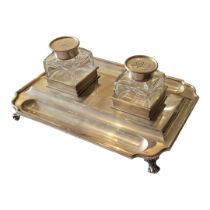 ELKINGTON & CO., A LARGE VICTORIAN SILVER AND GLASS INKSTAND Two square cut glass inkwells with