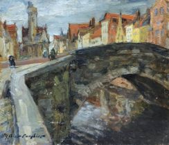 NESTOR CAMBIER, BELGIAN, 1879 - 1957, OIL ON BOARD Bruges River Scene with a Bridge, signed lower
