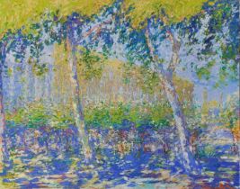 SIMON BLACKWOOD, BN 1948, OIL ON CANVAS Landscape, titled 'Plain Trees, Château du Toureaux’,