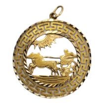A VINTAGE CONTINENTAL YELLOW METAL FIGURAL PENDANT The Ancient Greek chariot scene within a Greek