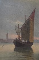 AN EARLY 20TH CENTURY OIL ON PANEL, VENETIAN HARBOUR SCENE Single sailboat with Santa Maria Ma,