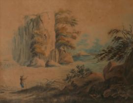 AN 18TH CENTURY CONTINENTAL WATERCOLOUR, MOUNTAINOUS LANDSCAPE, FIGURE IN PERIOD ATTIRE WITH FISHING