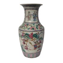 A CHINESE QING DYNASTY CANTONESE PORCELAIN BALUSTER FORM VASE Mandarin and battlefield pattern,