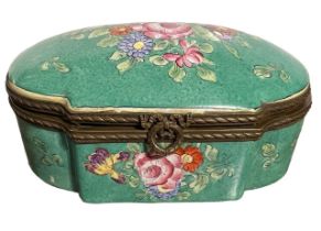 VEUVE PERRIN, A LARGE 19TH CENTURY FRENCH DOMED HINGED BOX Having floral decoration on green ground.