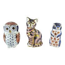 THREE ROYAL CROWN DERBY PAPERWEIGHTS Comprising Cat, Owl and Chipmunk. (largest: 13.2cm)