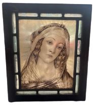 AFTER SANDRO BOTTICELLI, 19TH CENTURY STAINED GLASS PANEL Portrait of Madonna, framed. (sight 23cm x