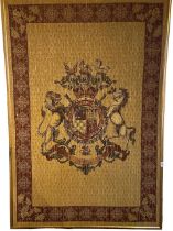 A 16TH CENTURY DESIGN WALL HANGING TAPESTRY Armorial Coat of Arms lion and horse with Latin HONI