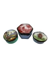 BATTERSEA OR SOUTH STAFFORDSHIRE, THREE 18TH CENTURY ENGLISH ENAMEL PATCH BOXES Fist being hexagonal