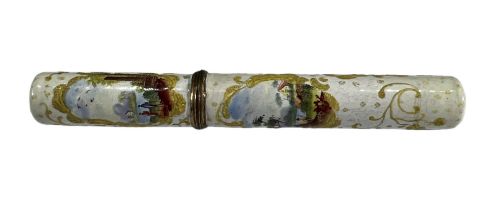 SOUTH STAFFORDSHIRE, 18TH CENTURY ENGLISH ENAMEL CYLINDRICAL BOKIN CASE Decorated with four ruined