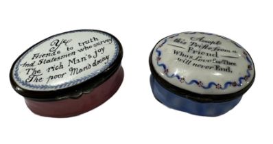 BATTERSEA OR SOUTH STAFFORDSHIRE, TWO 18TH CENTURY ENGLISH ENAMEL PATCH BOXES, BOTH HAVING