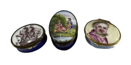 BATTERSEA OR SOUTH STAFFORDSHIRE, THREE 18TH CENTURY ENGLISH ENAMEL PATCH BOXES OF OVULAR FORM First