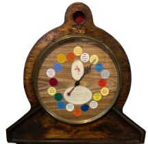 AN EARLY 20TH CENTURY PAINTED METAL AND WOODEN COIN OPERATED WHEEL OF FORTUNE MACHINE. (h 44cm x d