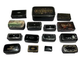 A COLLECTION OF FIFTEEN 19TH CENTURY PAPIER-MACHE SNUFF BOXES AND OTHERS, SOME INLAID WITH MOTHER OF