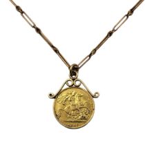 GEORGE V 1914, 22CT GOLD HALF SOVEREIGN PENDANT Attached to a 9ct gold stylised link chain. (