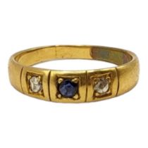 A 20TH CENTURY YELLOW METAL, BLUE TOPAZ AND DIAMOND GYPSY SET RING (YELLOW METAL TESTED AS 14CT