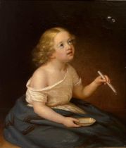 ERIK WAHLBERGSON, SWEDEN, 1808 - 1865, 19TH CENTURY OIL ON CANVAS Portrait of a young girl blowing