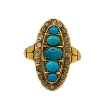 A VICTORIAN 18CT GOLD, TURQUOISE AND DIAMOND RING Ovular shaped front with five graduated cabochon