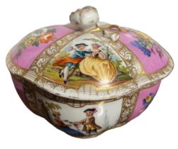 AUGUSTUS REX, MEISSEN, AN 18TH CENTURY GERMAN BOWL AND COVER Having floral and figural panels within